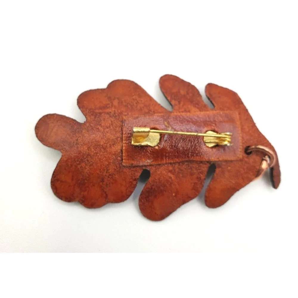 Vintage Oak Leaf & Acorn Leather & Gold Tone Brooch Pin